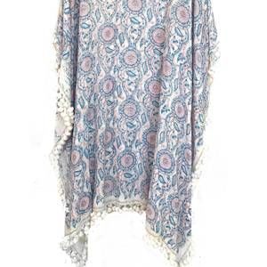 NEW JOSHI women's handwoven pompom kaftan dress in white/blue